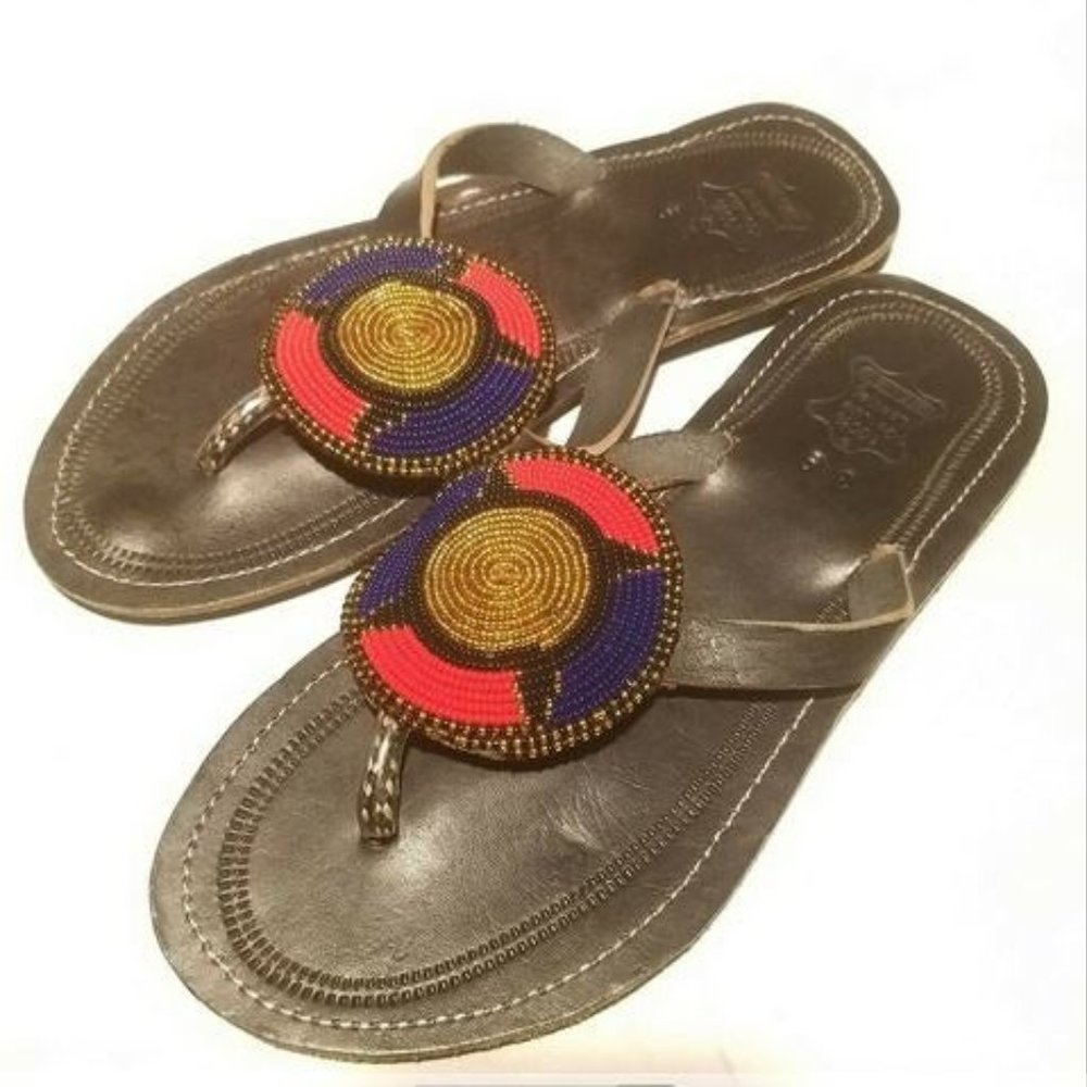 Black Handcrafted Leather Summer Slippers--8.5(39)